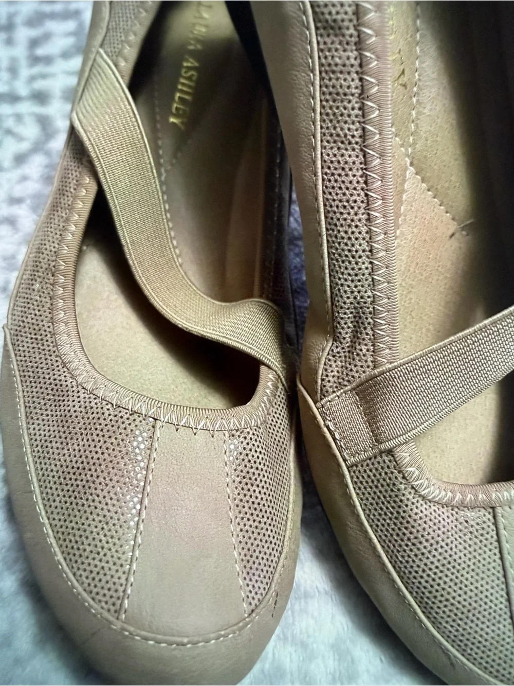 Laura Ashley Taupe Mary Jane Wedges with Elastic Cross Strap